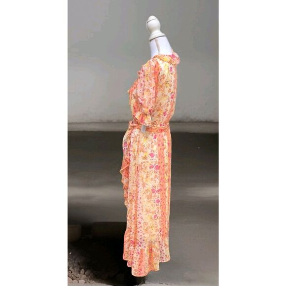 LC Lauren Conrad Maxi Dress Coral Pink Chiffon Floral Puff Ruffled Cottagecore - Picture 4 of 6